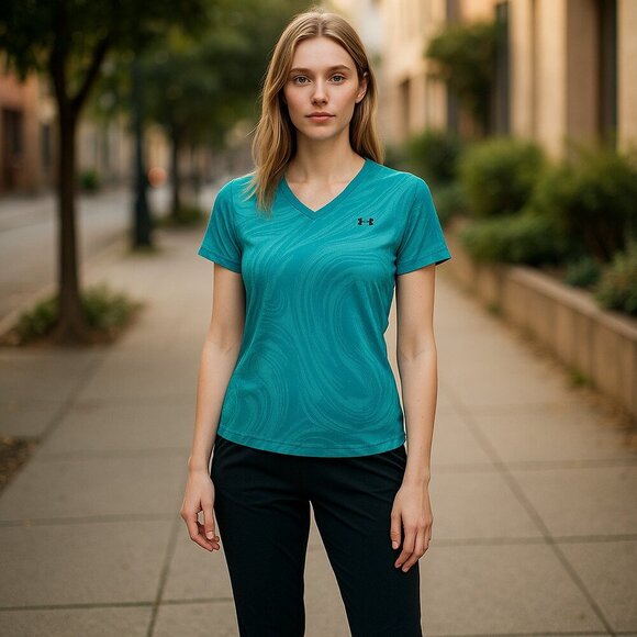 UNDER ARMOUR SZ S Teal Green Short-sleeve V-neck Athletic T-shirt Top - Picture 1 of 6